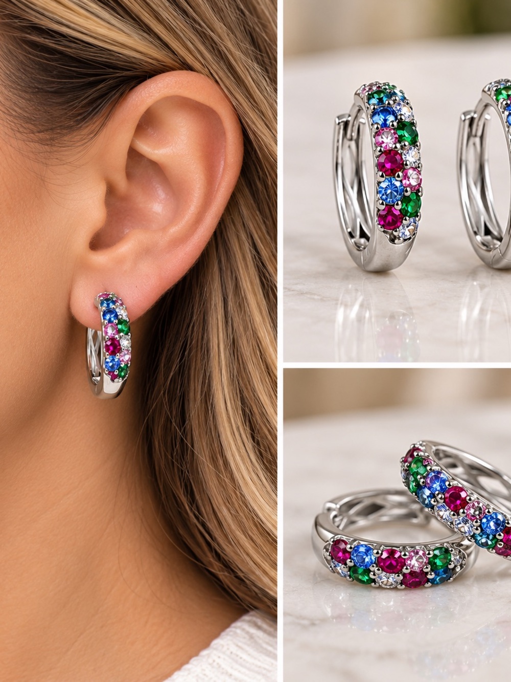 18K Gold Layered Silver Tone Multicolor Gemstone Hoop Earrings